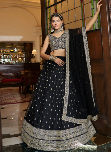 Zari Sequence Work Black Net Lehenga Choli For Party